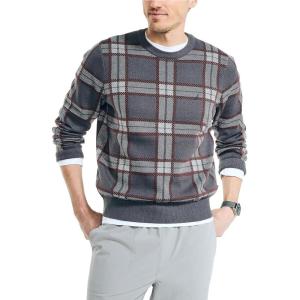 Nautica Men’s Nautica Navtech Plaid Jacquard Crewneck Sweater(Carbon)