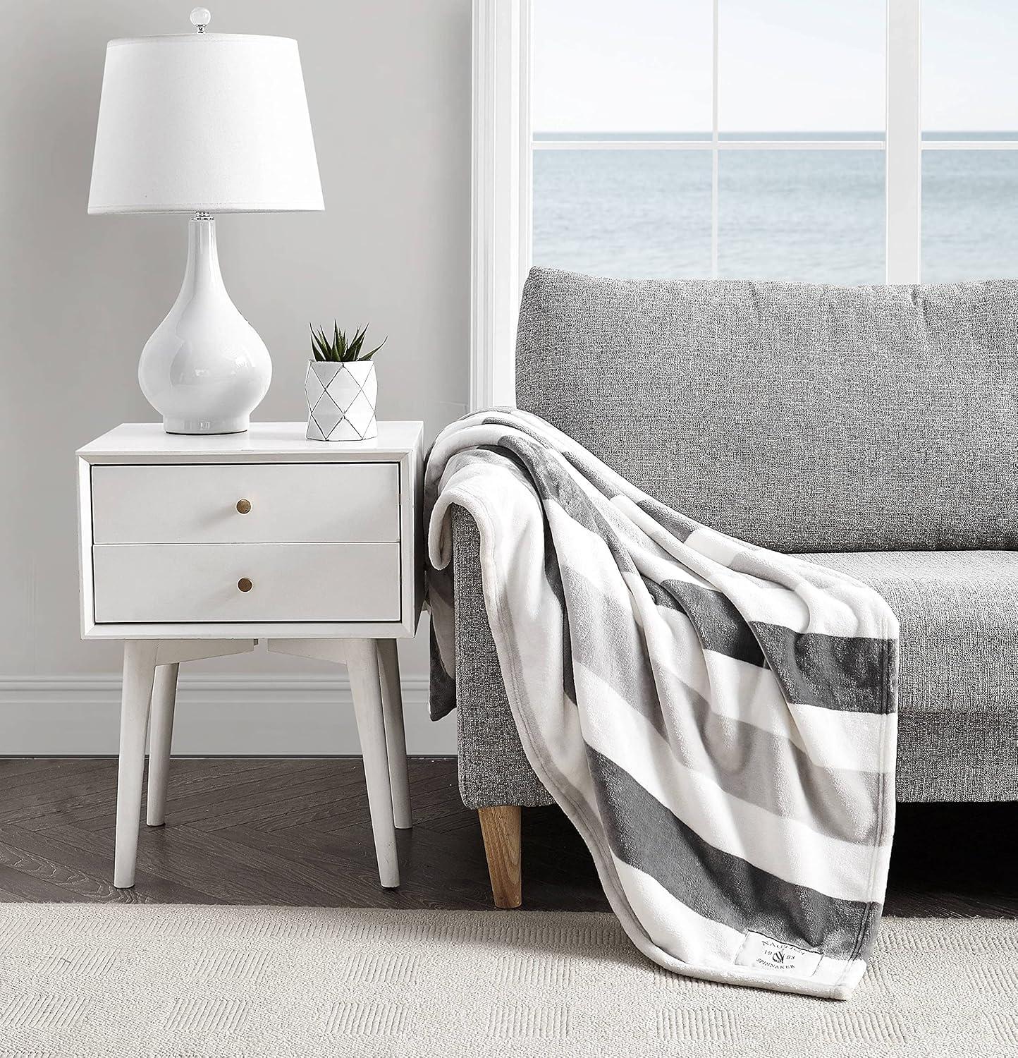 imageNautica Throw Blanket Super Soft amp Cozy Fleece Blanket Lightweight Plush Bedding for Couch amp Bed Awning Stripe Navy 50 x 60Awning Stripe GreyWhite