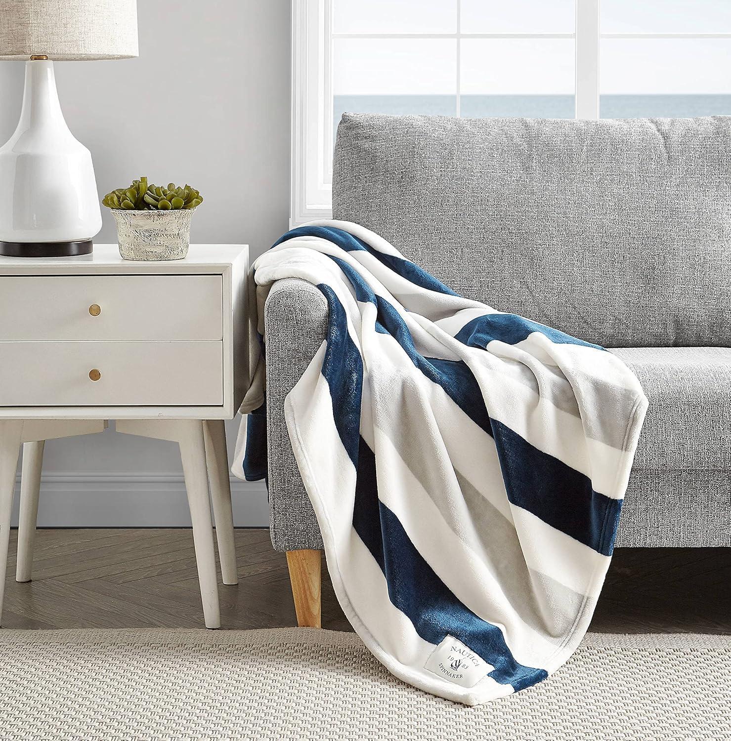 imageNautica Throw Blanket Super Soft amp Cozy Fleece Blanket Lightweight Plush Bedding for Couch amp Bed Awning Stripe Navy 50 x 60Awning Stripe NavyWhite