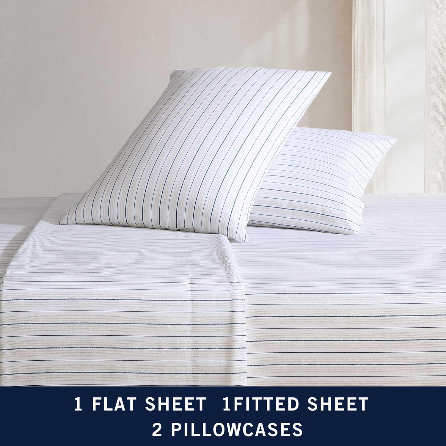 imageNautica Twin Sheet Set Cotton Percale Bedding Set Crisp amp Cool Lightweight amp Breathable Brenton Stripe Navy Blue TwinBeaux Stripe Blue