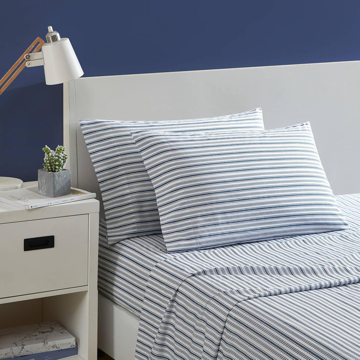imageNautica Twin Sheet Set Cotton Percale Bedding Set Crisp amp Cool Lightweight amp Breathable Brenton Stripe Navy Blue TwinColeridge Stripe Blue