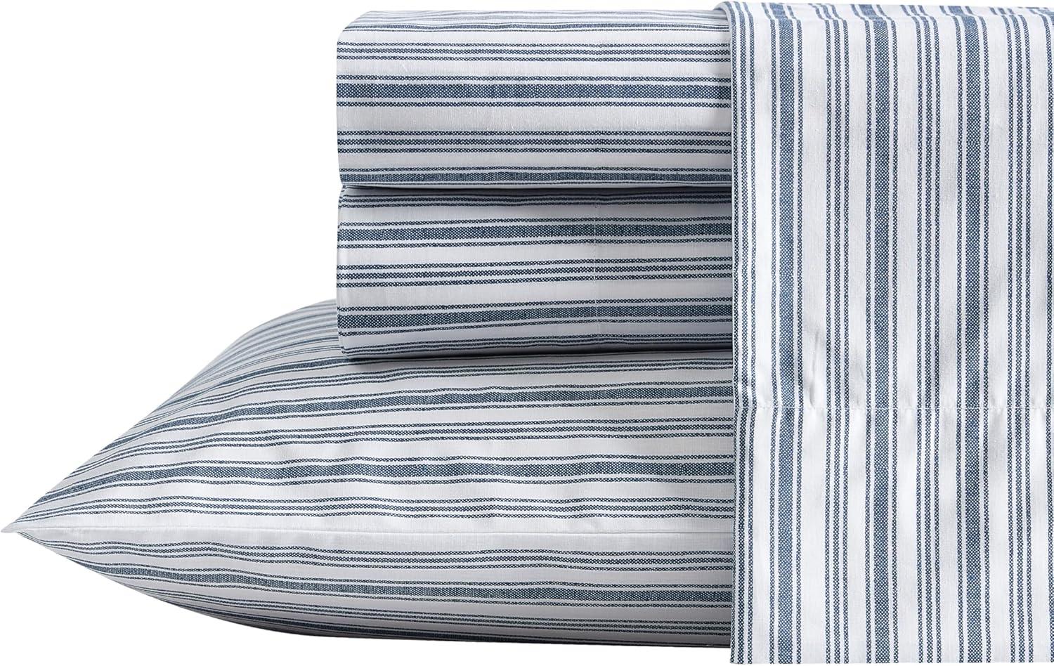 imageNautica Twin Sheet Set Cotton Percale Bedding Set Crisp amp Cool Lightweight amp Breathable Brenton Stripe Navy Blue TwinColeridge Stripe Blue