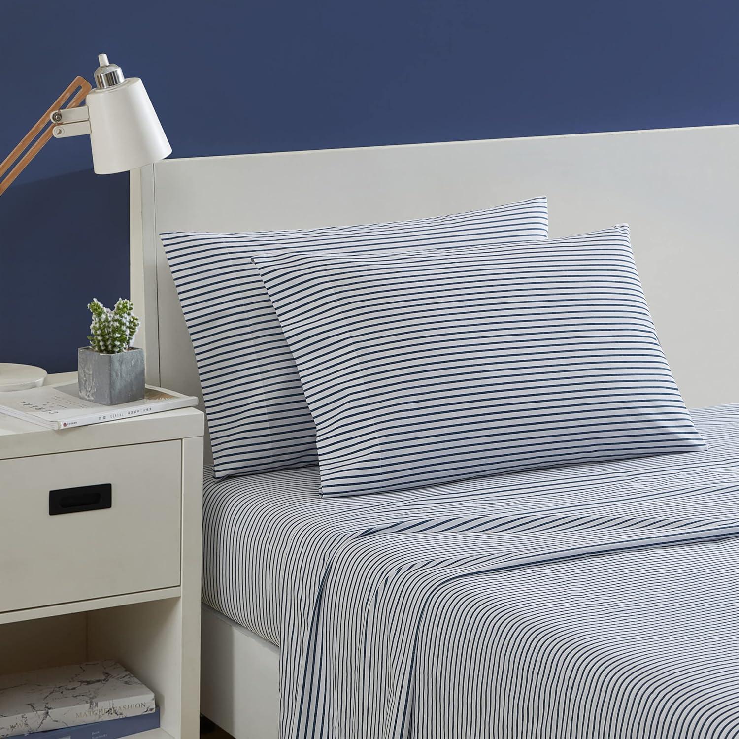 imageNautica Twin Sheet Set Cotton Percale Bedding Set Crisp amp Cool Lightweight amp Breathable Brenton Stripe Navy Blue TwinHarmead