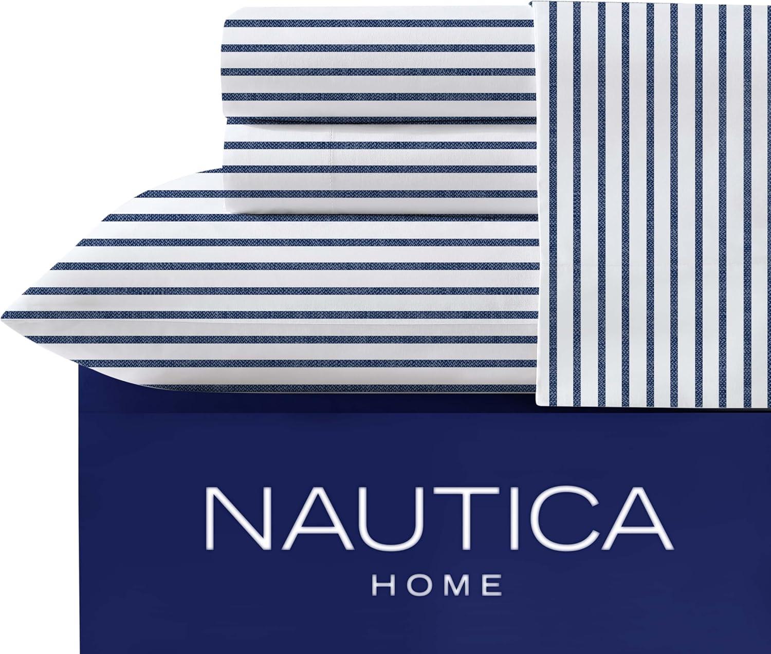 imageNautica Twin Sheet Set Cotton Percale Bedding Set Crisp amp Cool Lightweight amp Breathable Brenton Stripe Navy Blue TwinHarmead