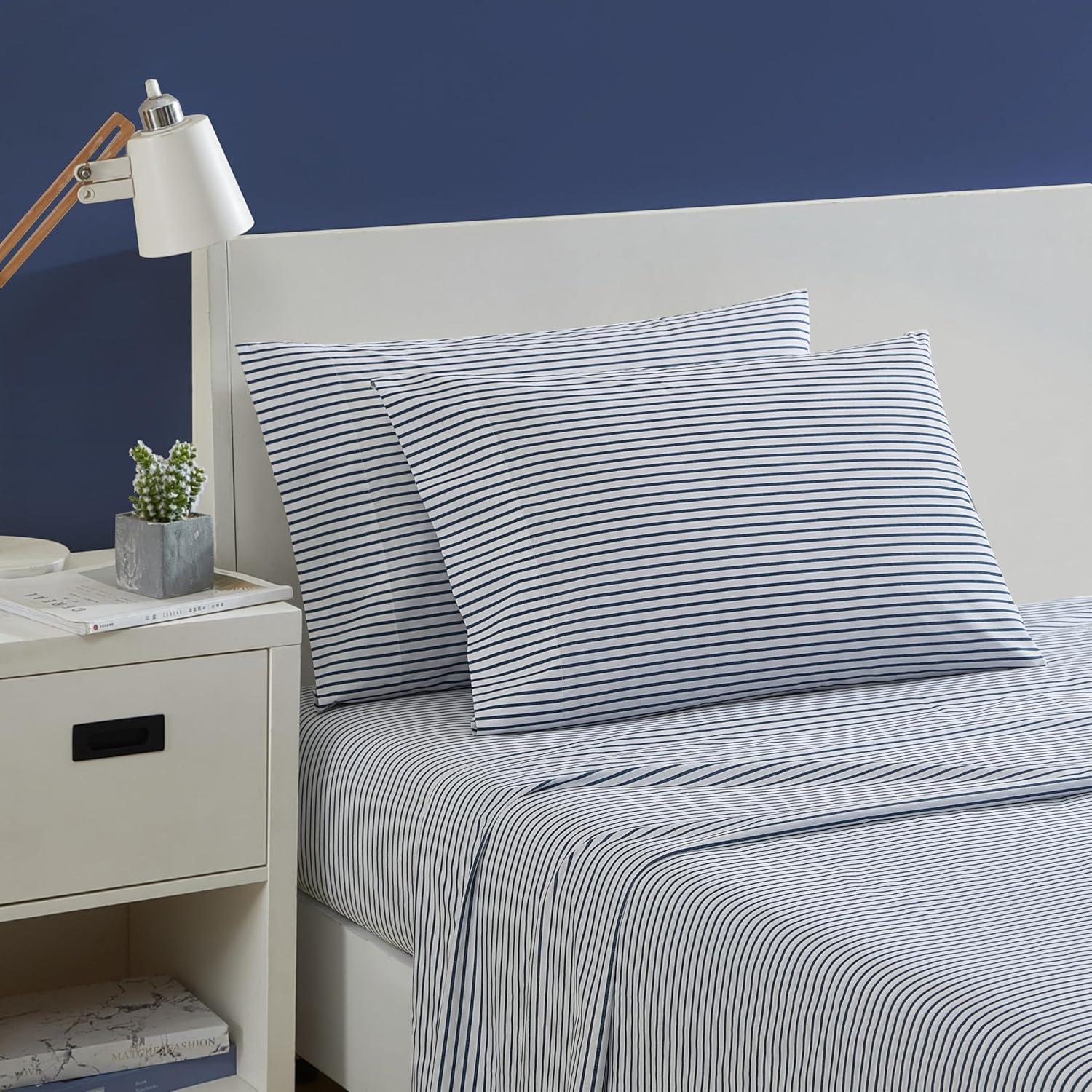 imageNautica Twin Sheet Set Cotton Percale Bedding Set Crisp amp Cool Lightweight amp Breathable Brenton Stripe Navy Blue TwinHarmead