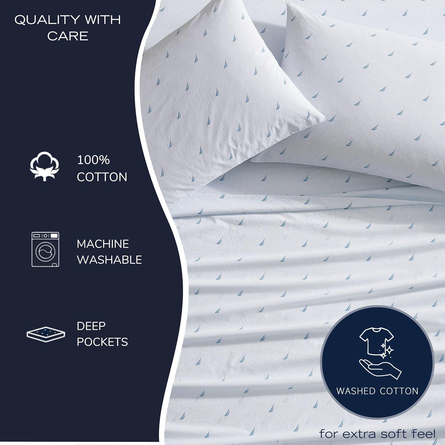 imageNautica Twin Sheet Set Cotton Percale Bedding Set Crisp amp Cool Lightweight amp Breathable Brenton Stripe Navy Blue TwinHigh Surf