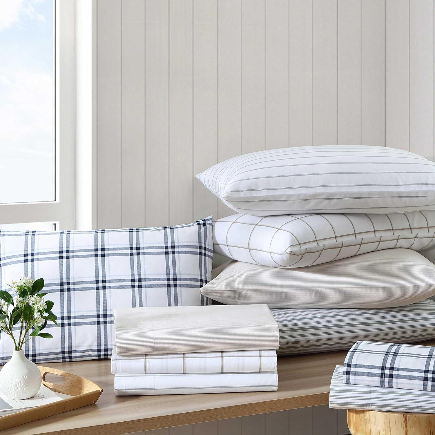 imageNautica Twin Sheet Set Cotton Percale Bedding Set Crisp amp Cool Lightweight amp Breathable Brenton Stripe Navy Blue TwinPlot Beige
