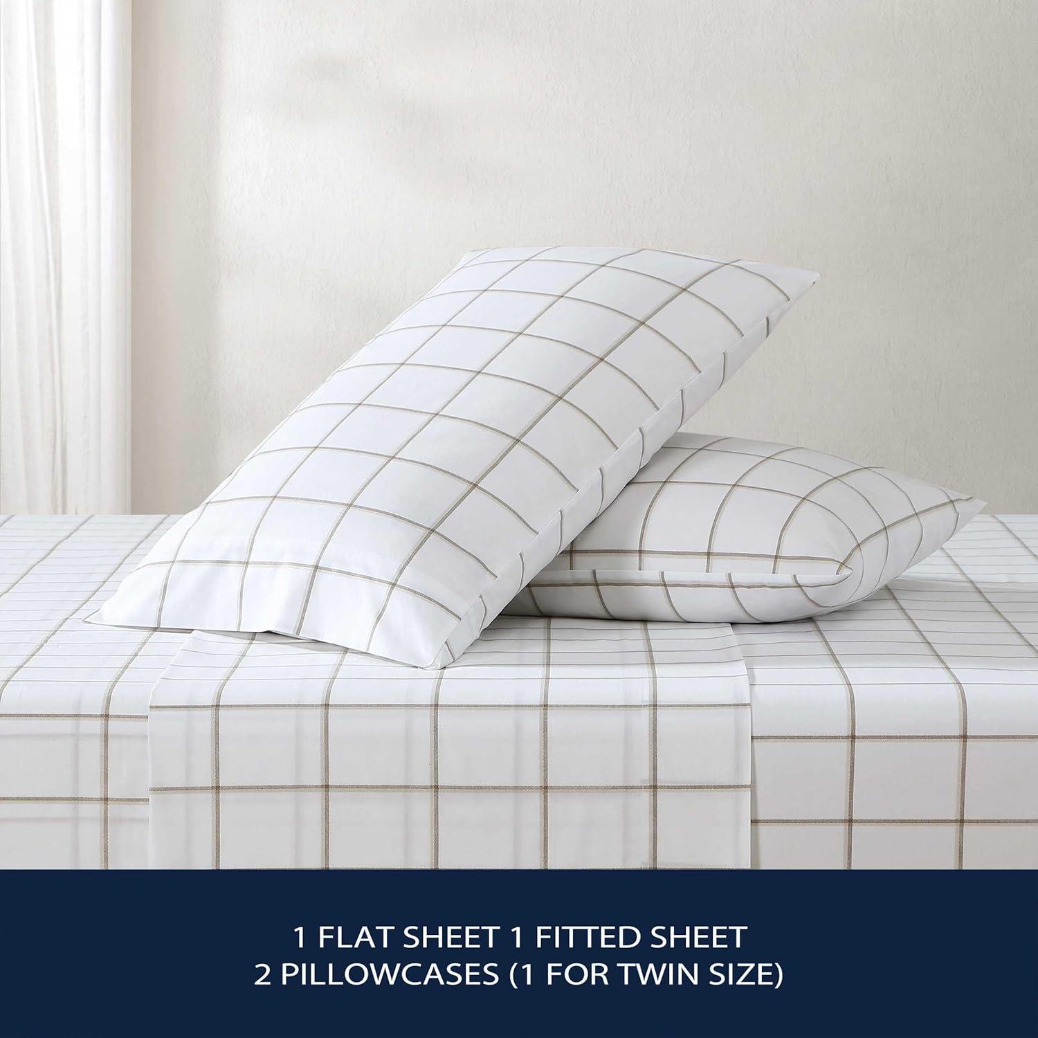 imageNautica Twin Sheet Set Cotton Percale Bedding Set Crisp amp Cool Lightweight amp Breathable Brenton Stripe Navy Blue TwinPlot Beige