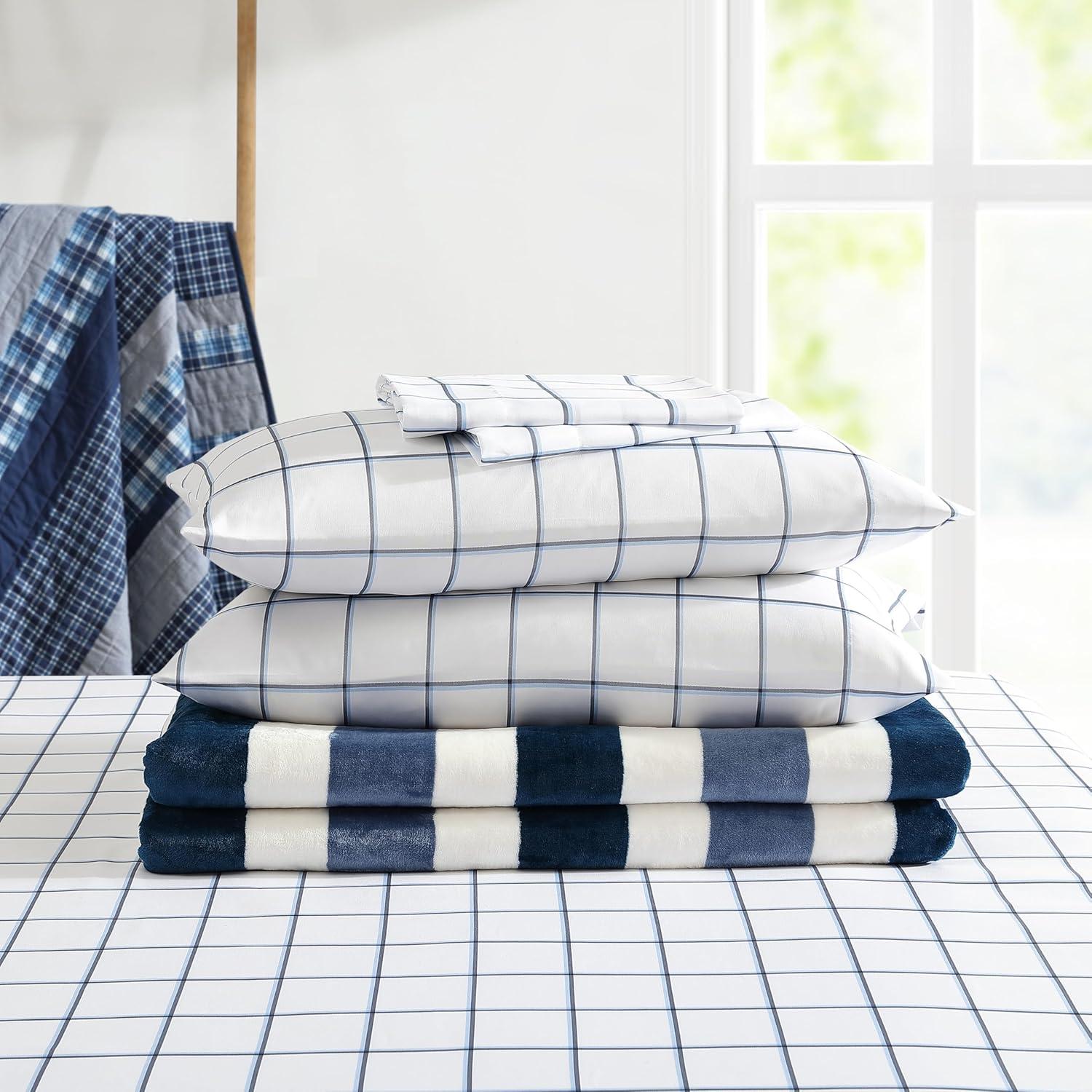 imageNautica Twin Sheet Set Cotton Percale Bedding Set Crisp amp Cool Lightweight amp Breathable Brenton Stripe Navy Blue TwinPlot Blue