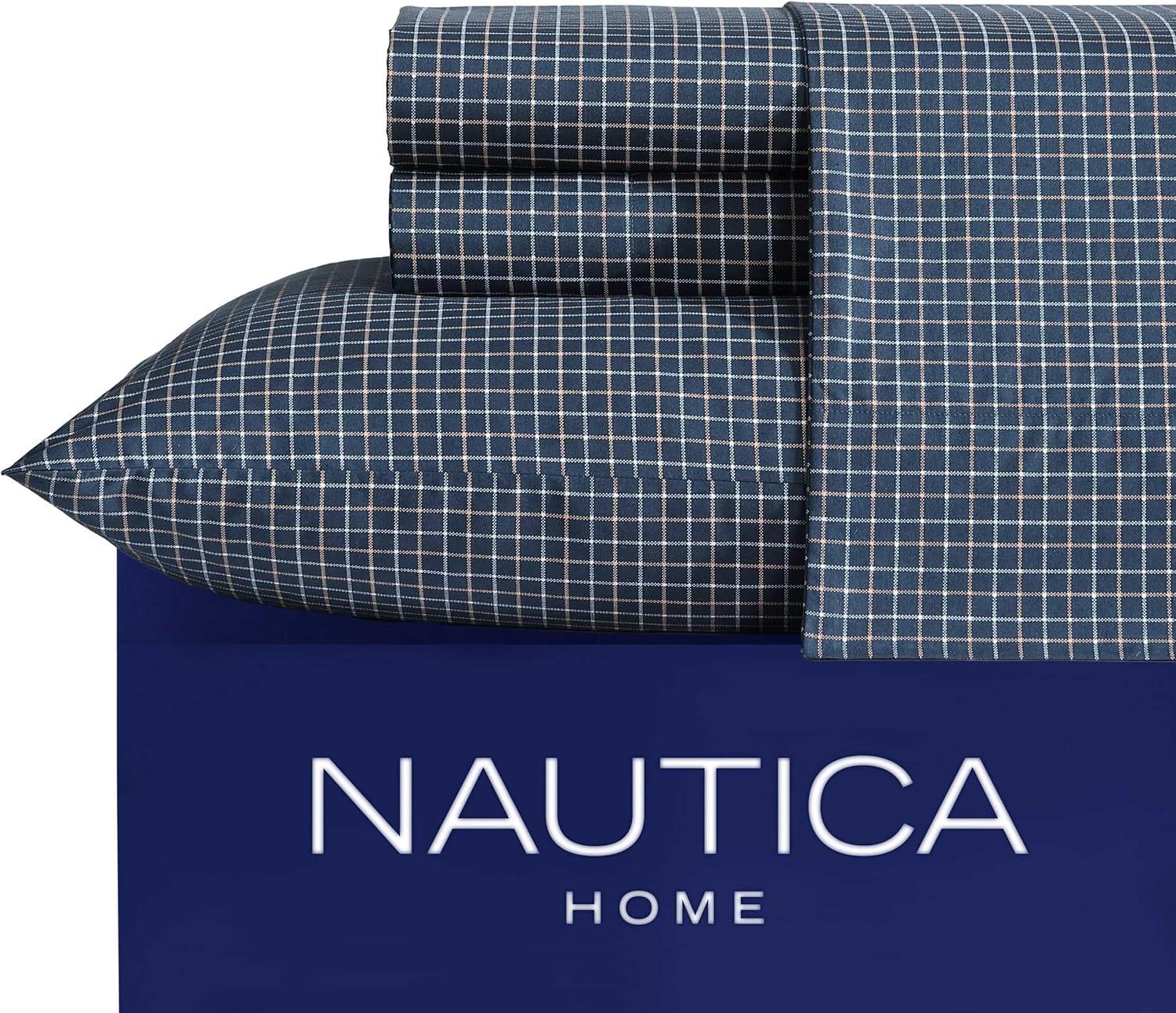 imageNautica Twin Sheet Set Cotton Percale Bedding Set Crisp amp Cool Lightweight amp Breathable Brenton Stripe Navy Blue TwinReece Plaid