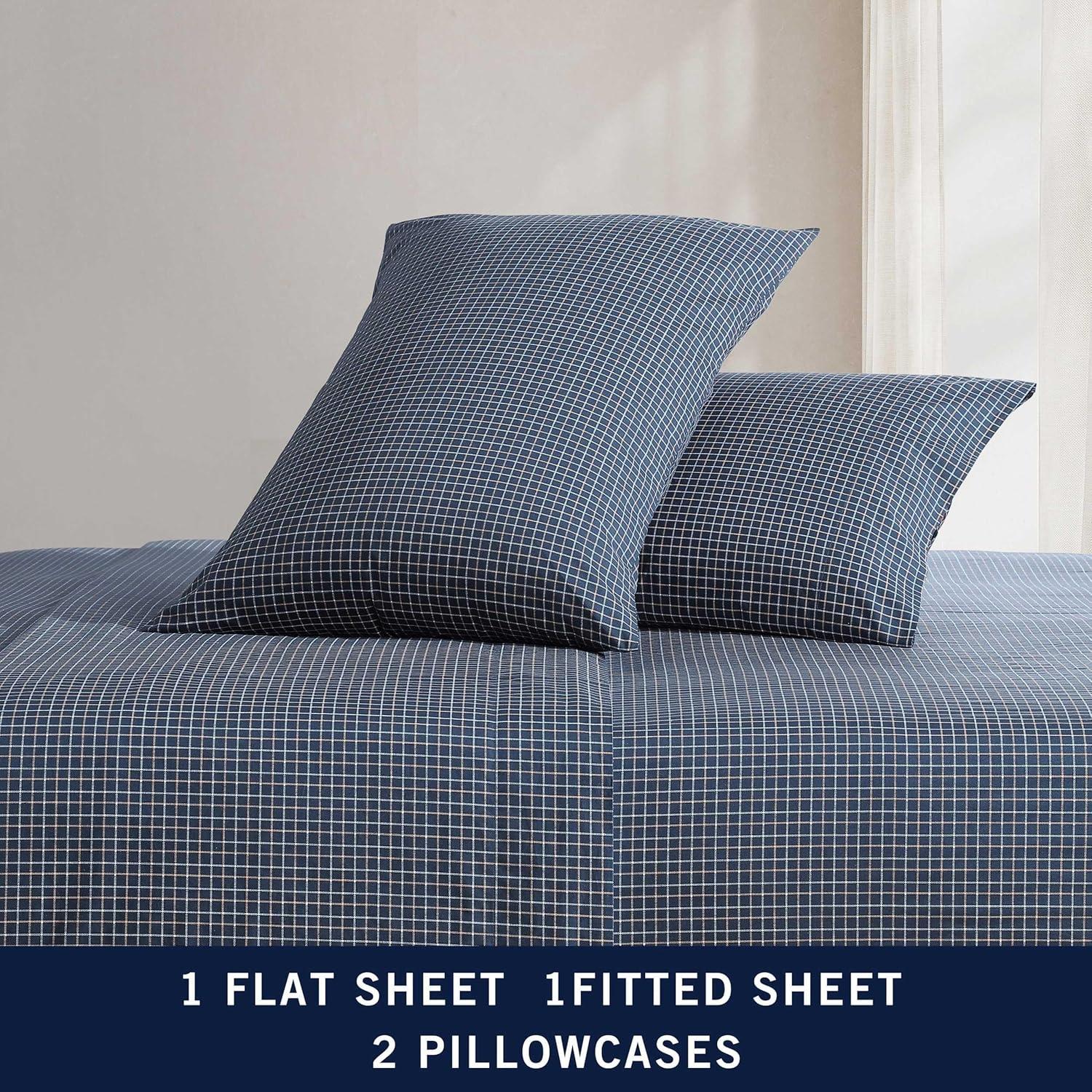 imageNautica Twin Sheet Set Cotton Percale Bedding Set Crisp amp Cool Lightweight amp Breathable Brenton Stripe Navy Blue TwinReece Plaid