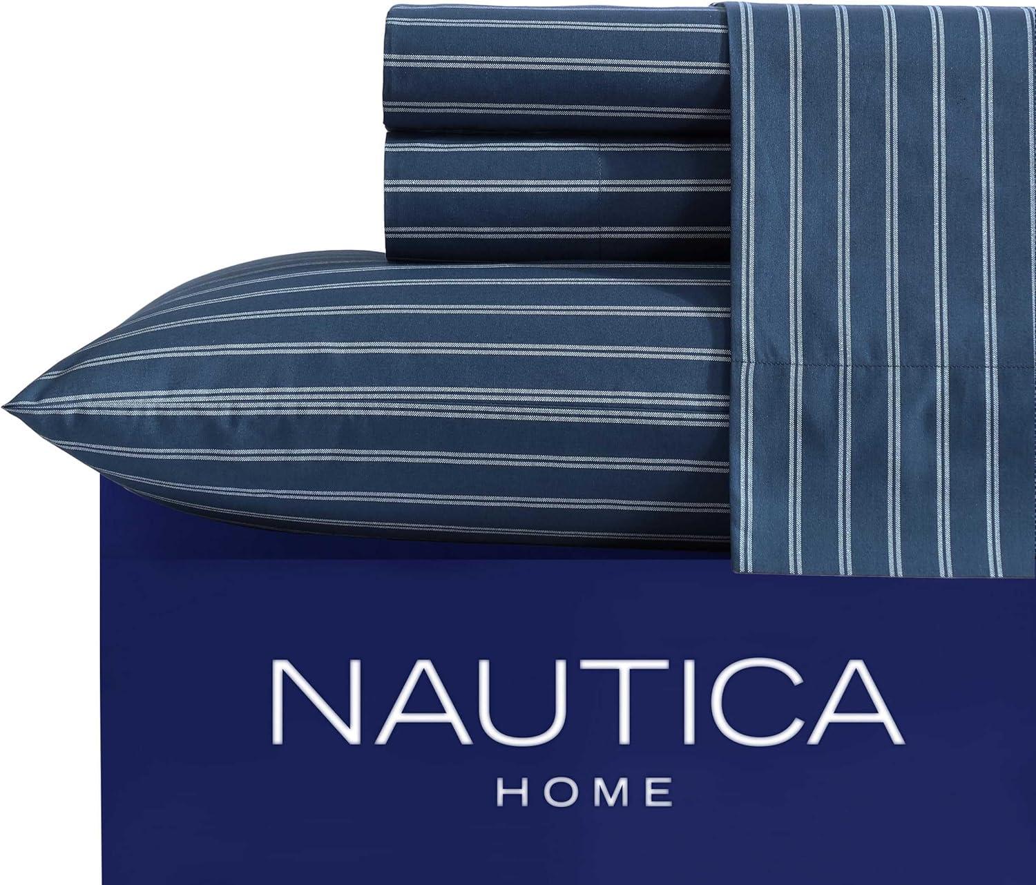 imageNautica Twin Sheet Set Cotton Percale Bedding Set Crisp amp Cool Lightweight amp Breathable Brenton Stripe Navy Blue TwinRichmond Stripe