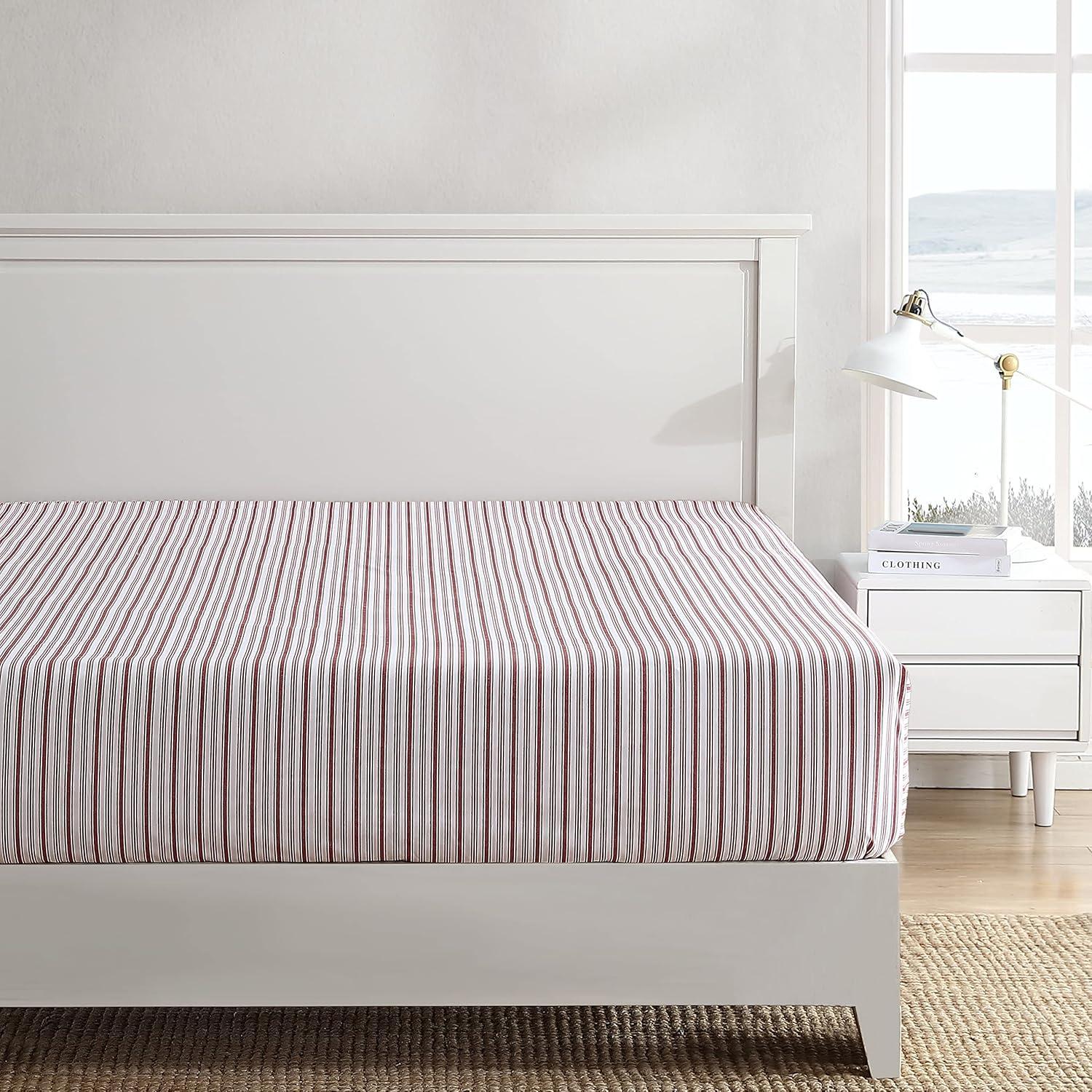 imageNautica Twin Size Fitted Sheet 100 Cotton Lightweight SinglePly Percale Bedding Cool amp Crisp Weave with Elasticized Fit for a Smooth Finish Beaux Stripe BlueColeridge Stripe Red