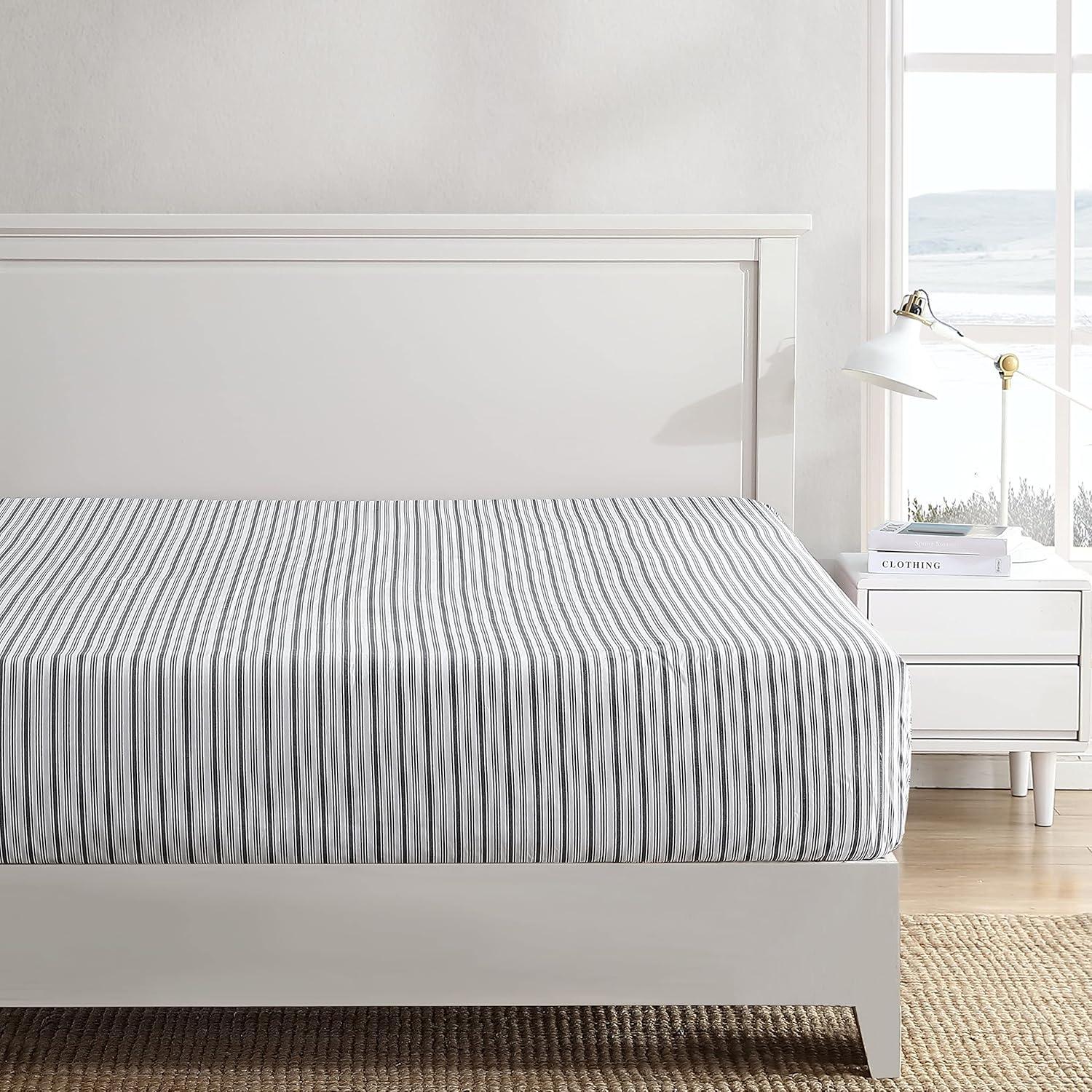 imageNautica Twin Size Fitted Sheet 100 Cotton Lightweight SinglePly Percale Bedding Cool amp Crisp Weave with Elasticized Fit for a Smooth Finish Beaux Stripe BlueColeridge Stripe Charcoal