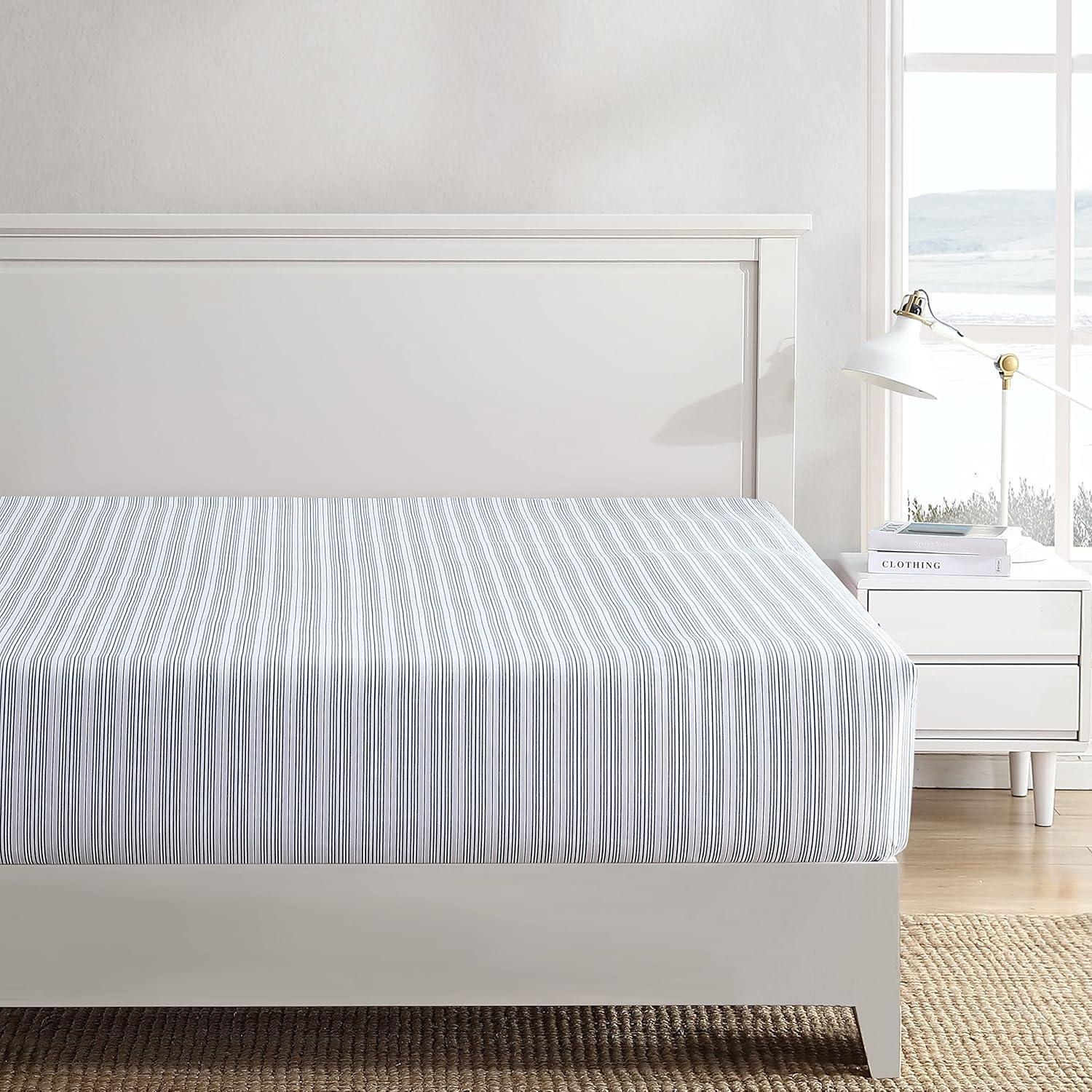 imageNautica Twin Size Fitted Sheet 100 Cotton Lightweight SinglePly Percale Bedding Cool amp Crisp Weave with Elasticized Fit for a Smooth Finish Beaux Stripe BlueBeaux Stripe Blue