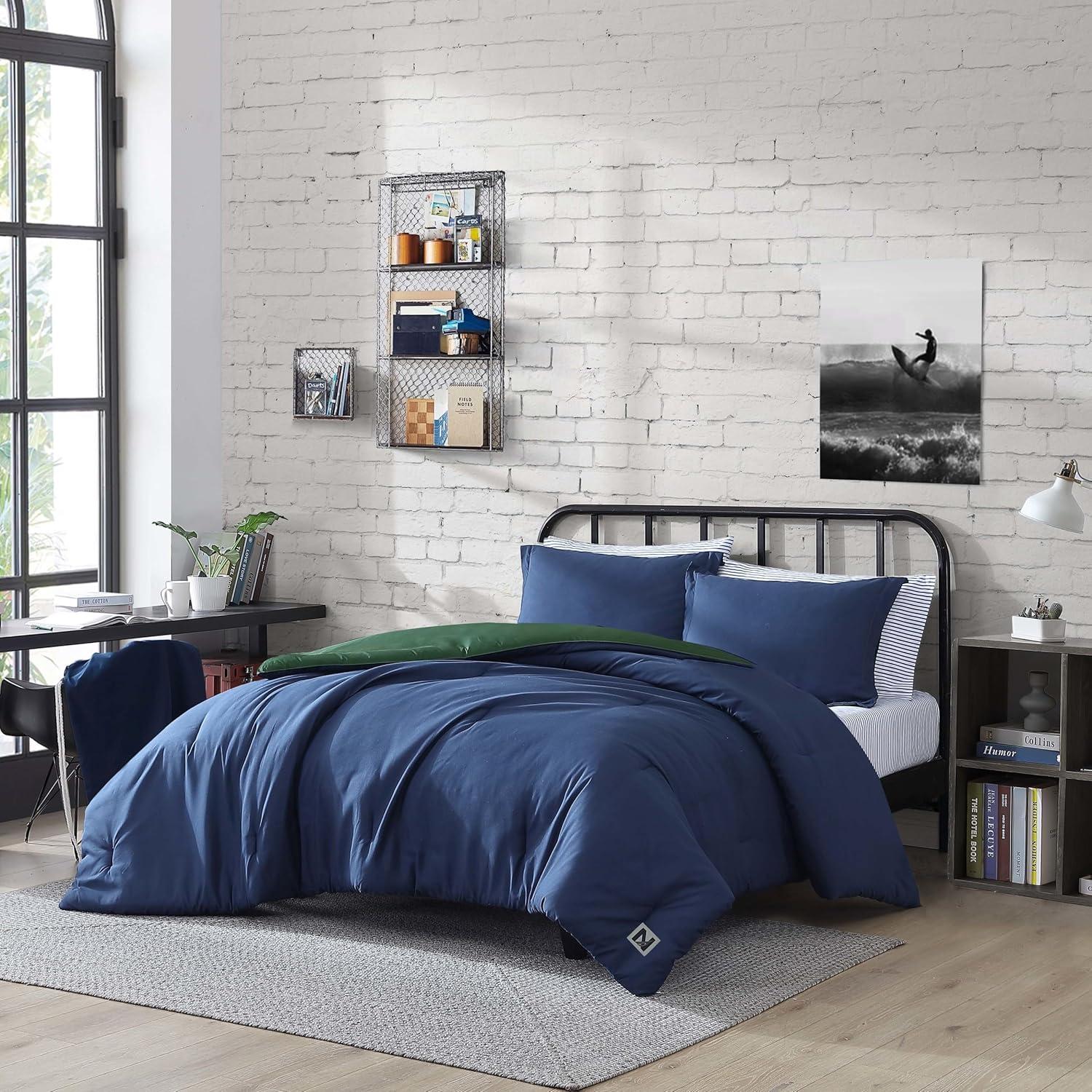imageNautica TwinTwin XL Comforter Set Soft Brushed Bedding with a Relaxed Feel for YearRound Use 2 Piece Bed Set with Matching Pillowcase Heathered Block GreyCaptains BlueGreen