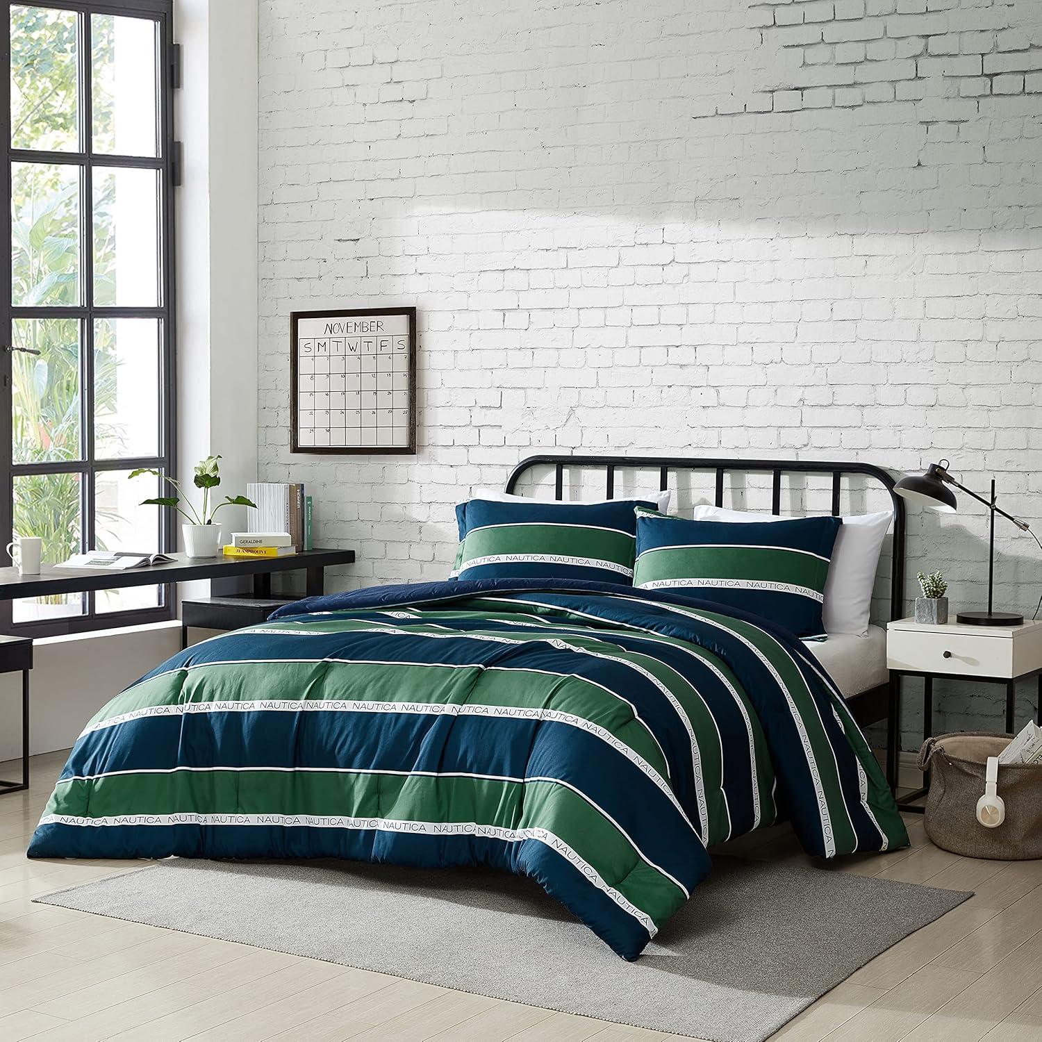 imageNautica TwinTwin XL Comforter Set Soft Brushed Bedding with a Relaxed Feel for YearRound Use 2 Piece Bed Set with Matching Pillowcase Heathered Block GreyBellecastle Bay PineNavy