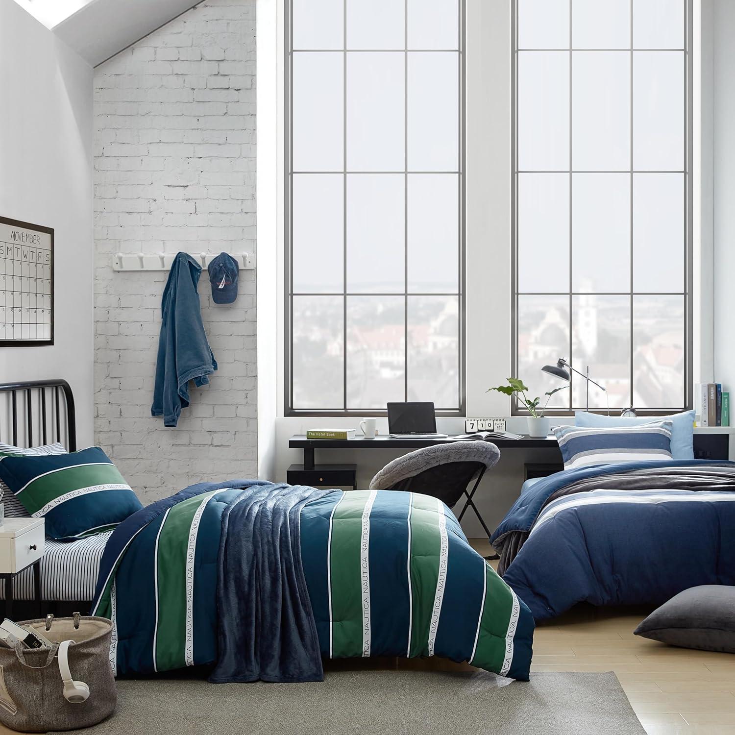 imageNautica TwinTwin XL Comforter Set Soft Brushed Bedding with a Relaxed Feel for YearRound Use 2 Piece Bed Set with Matching Pillowcase Heathered Block GreyBellecastle Bay PineNavy