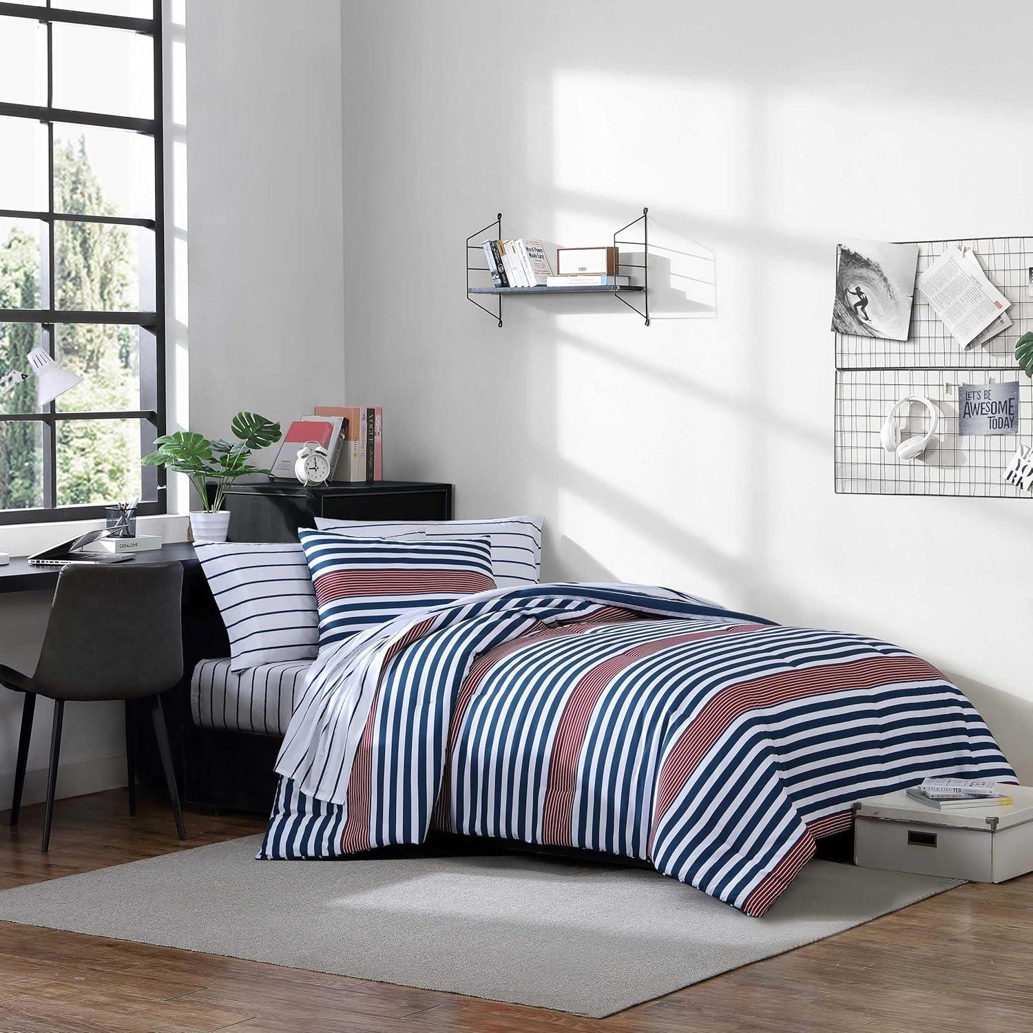 imageNautica TwinTwin XL Comforter Set Soft Brushed Bedding with a Relaxed Feel for YearRound Use 2 Piece Bed Set with Matching Pillowcase Heathered Block GreyKennedy Stripe Navy