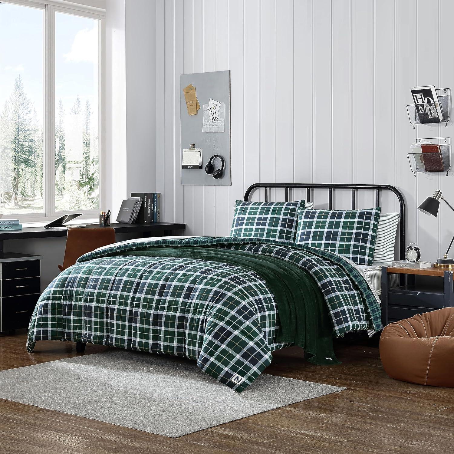 imageNautica TwinTwin XL Comforter Set Soft Brushed Bedding with a Relaxed Feel for YearRound Use 2 Piece Bed Set with Matching Pillowcase Heathered Block GreyNorthsail Plaid Navy