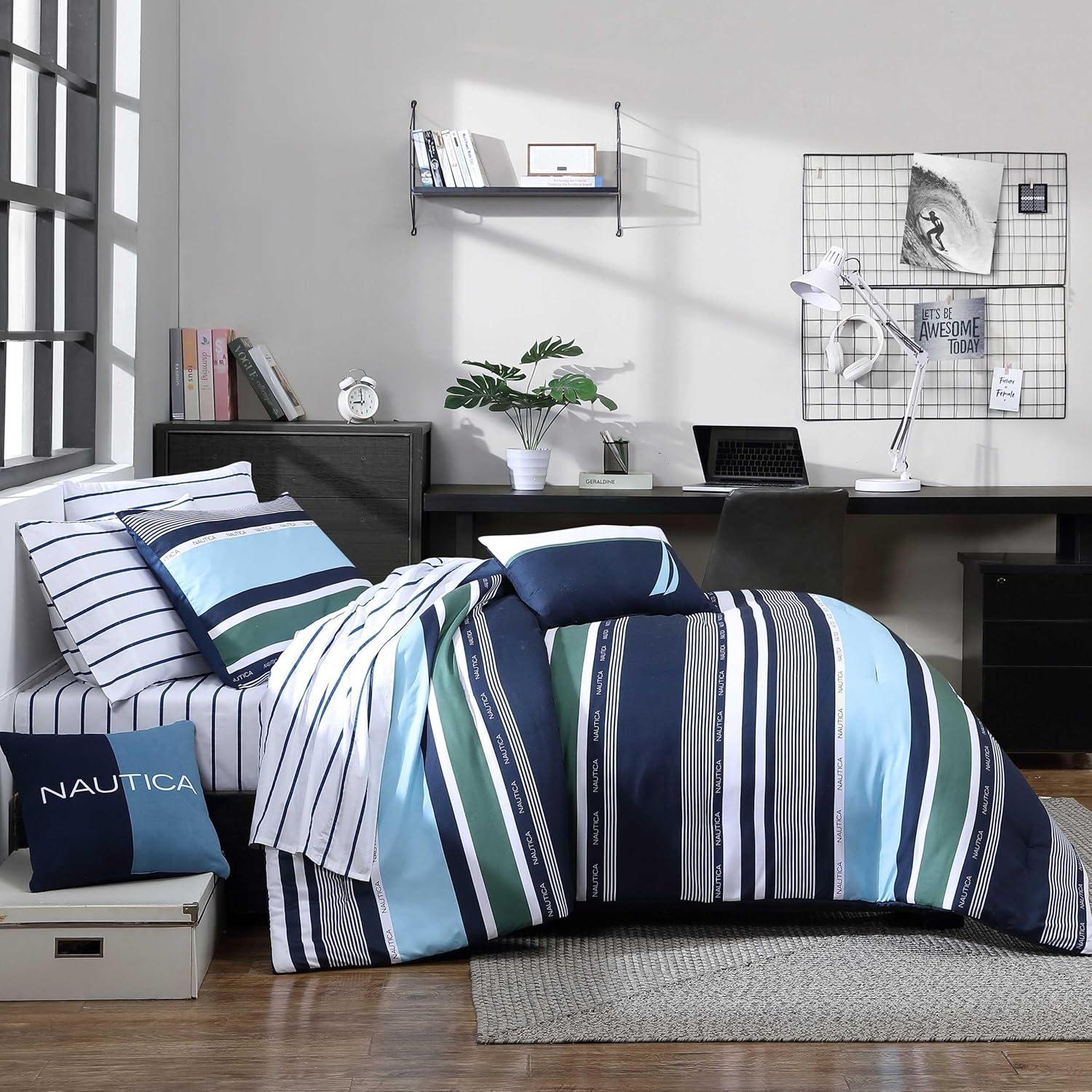 imageNautica TwinTwin XL Comforter Set Soft Brushed Bedding with a Relaxed Feel for YearRound Use 2 Piece Bed Set with Matching Pillowcase Heathered Block GreyElliot Blue