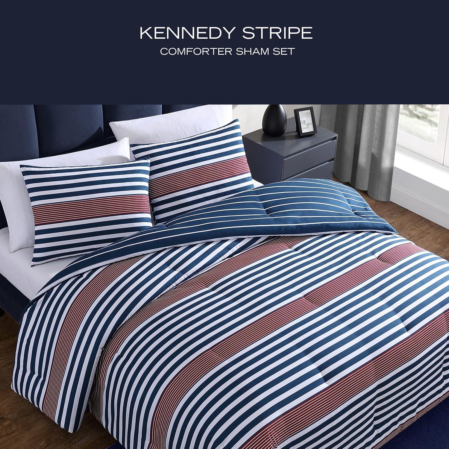 imageNautica TwinTwin XL Comforter Set Soft Brushed Bedding with a Relaxed Feel for YearRound Use 2 Piece Bed Set with Matching Pillowcase Heathered Block GreyKennedy Stripe Navy