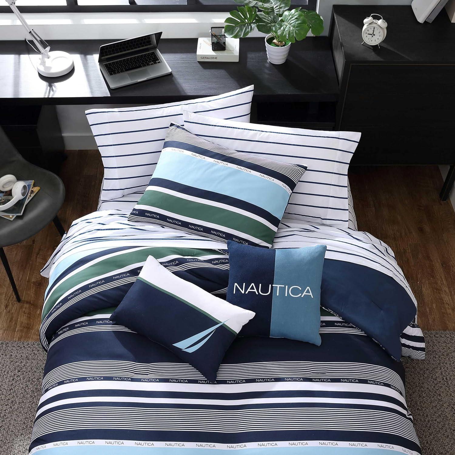 imageNautica TwinTwin XL Comforter Set Soft Brushed Bedding with a Relaxed Feel for YearRound Use 2 Piece Bed Set with Matching Pillowcase Heathered Block GreyElliot Blue