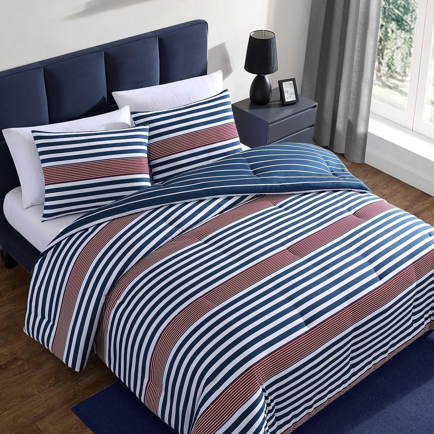 imageNautica TwinTwin XL Comforter Set Soft Brushed Bedding with a Relaxed Feel for YearRound Use 2 Piece Bed Set with Matching Pillowcase Heathered Block GreyKennedy Stripe Navy