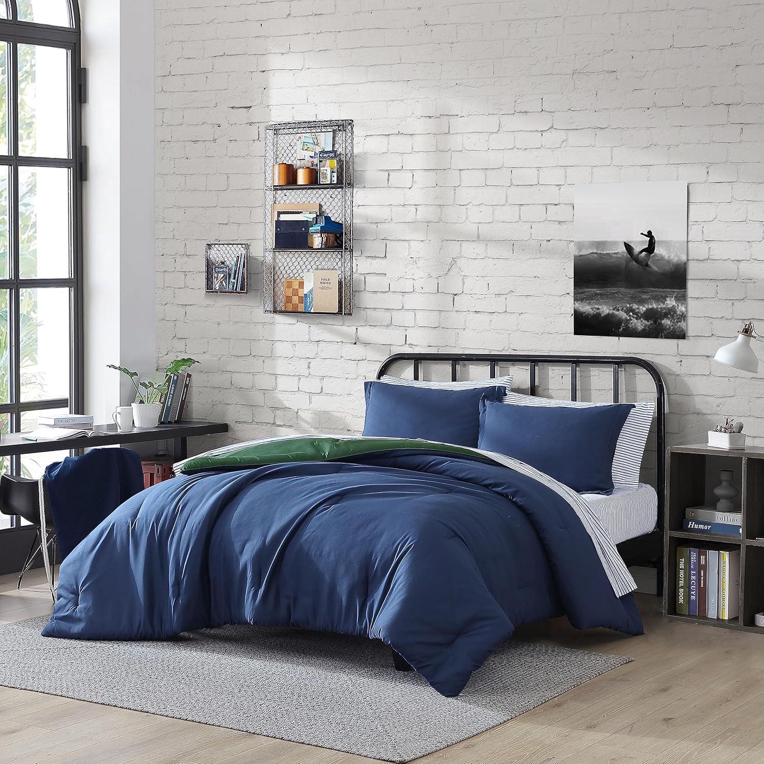 imageNautica TwinTwin XL Comforter Set Soft Brushed Bedding with a Relaxed Feel for YearRound Use 2 Piece Bed Set with Matching Pillowcase Heathered Block GreyCaptains BlueGreen