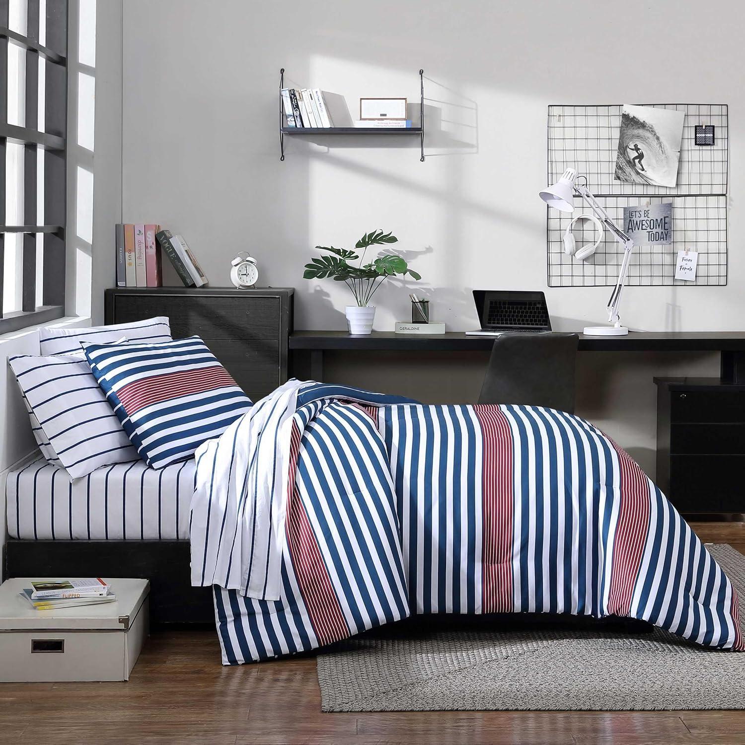 imageNautica TwinTwin XL Comforter Set Soft Brushed Bedding with a Relaxed Feel for YearRound Use 2 Piece Bed Set with Matching Pillowcase Heathered Block GreyKennedy Stripe Navy