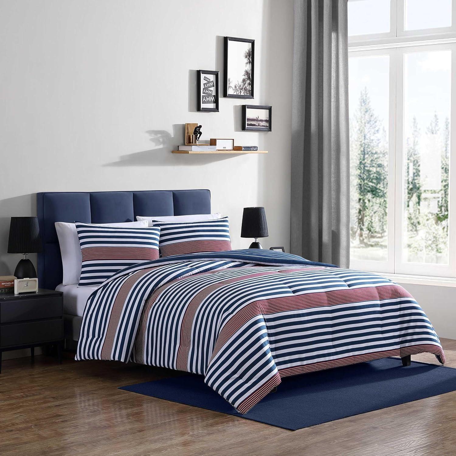 imageNautica TwinTwin XL Comforter Set Soft Brushed Bedding with a Relaxed Feel for YearRound Use 2 Piece Bed Set with Matching Pillowcase Heathered Block GreyKennedy Stripe Navy