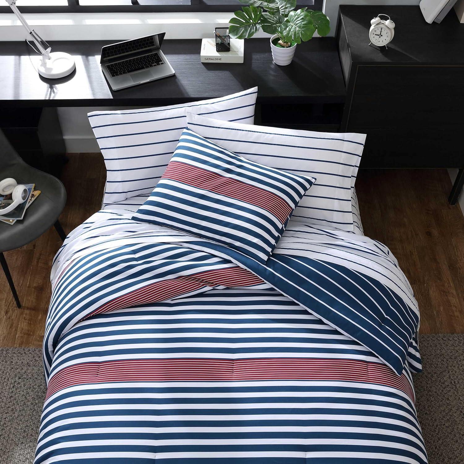 imageNautica TwinTwin XL Comforter Set Soft Brushed Bedding with a Relaxed Feel for YearRound Use 2 Piece Bed Set with Matching Pillowcase Heathered Block GreyKennedy Stripe Navy