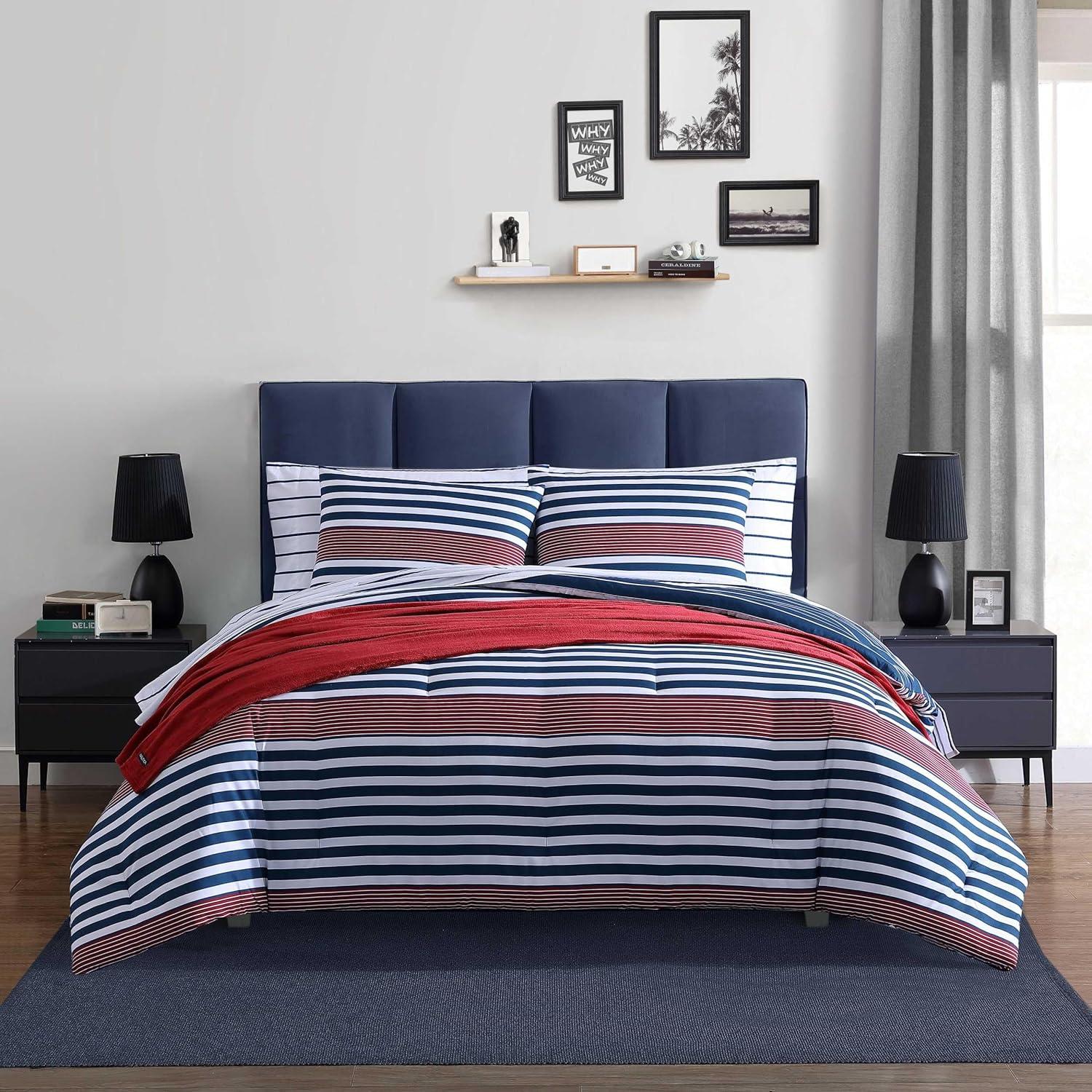 imageNautica TwinTwin XL Comforter Set Soft Brushed Bedding with a Relaxed Feel for YearRound Use 2 Piece Bed Set with Matching Pillowcase Heathered Block GreyKennedy Stripe Navy