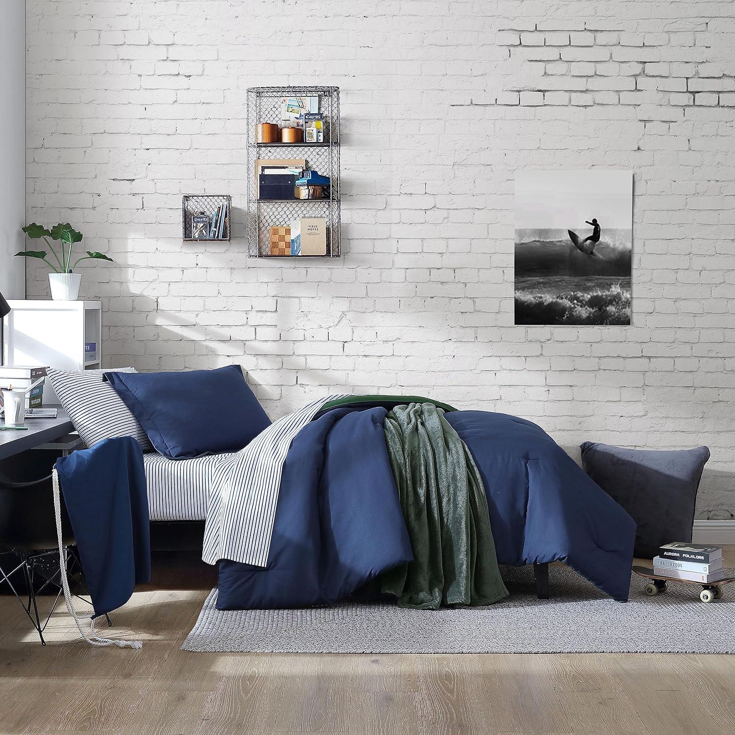 imageNautica TwinTwin XL Comforter Set Soft Brushed Bedding with a Relaxed Feel for YearRound Use 2 Piece Bed Set with Matching Pillowcase Heathered Block GreyCaptains BlueGreen