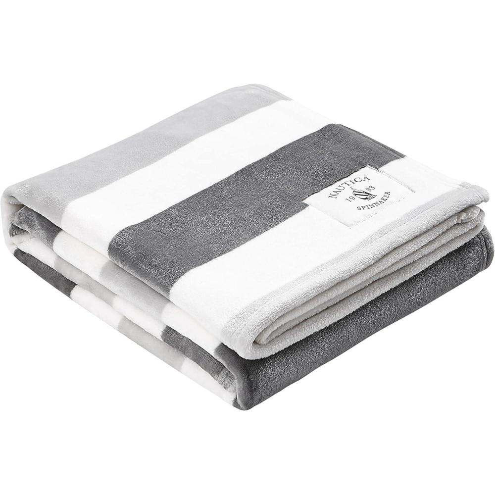 imageNautica Throw Blanket Super Soft amp Cozy Fleece Blanket Lightweight Plush Bedding for Couch amp Bed Awning Stripe Navy 50 x 60Awning Stripe GreyWhite