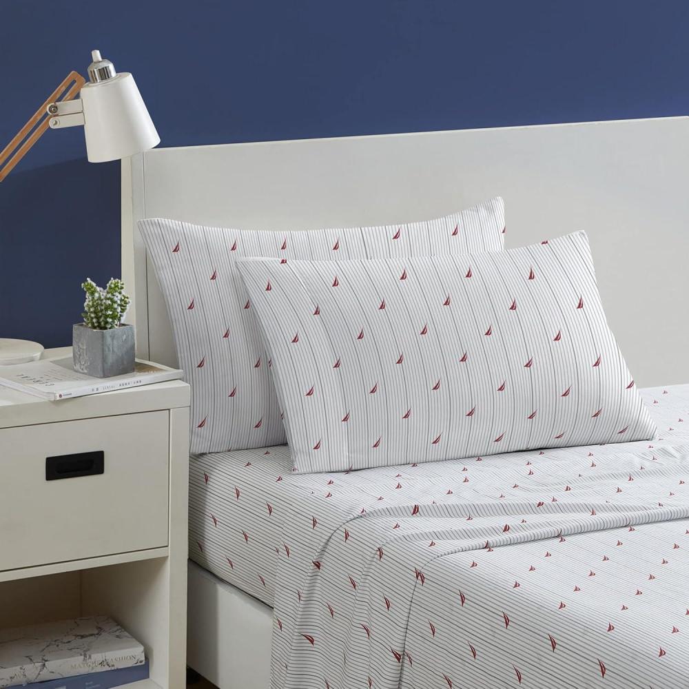 imageNautica Twin Sheet Set Cotton Percale Bedding Set Crisp amp Cool Lightweight amp Breathable Brenton Stripe Navy Blue TwinAudley Stripe Red