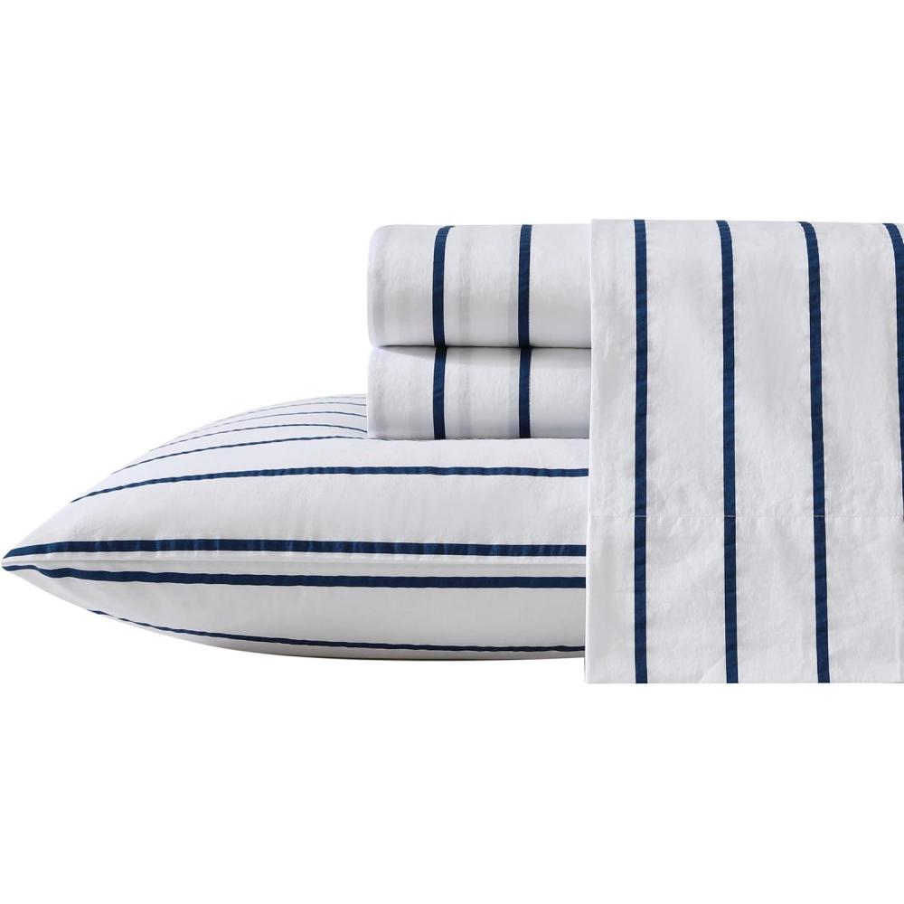 imageNautica  Twin Sheet Set Cotton Percale Bedding Set Crisp amp Cool Lightweight amp Breathable Brenton Stripe Navy Blue TwinBrenton Stripe Navy Blue
