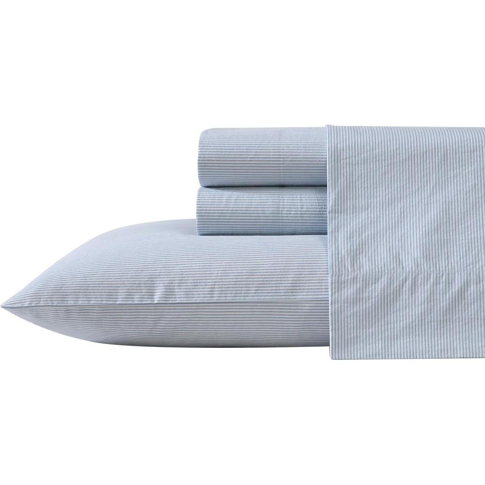 imageNautica Twin Sheet Set Cotton Percale Bedding Set Crisp amp Cool Lightweight amp Breathable Brenton Stripe Navy Blue TwinPenny Pinstripe Blue