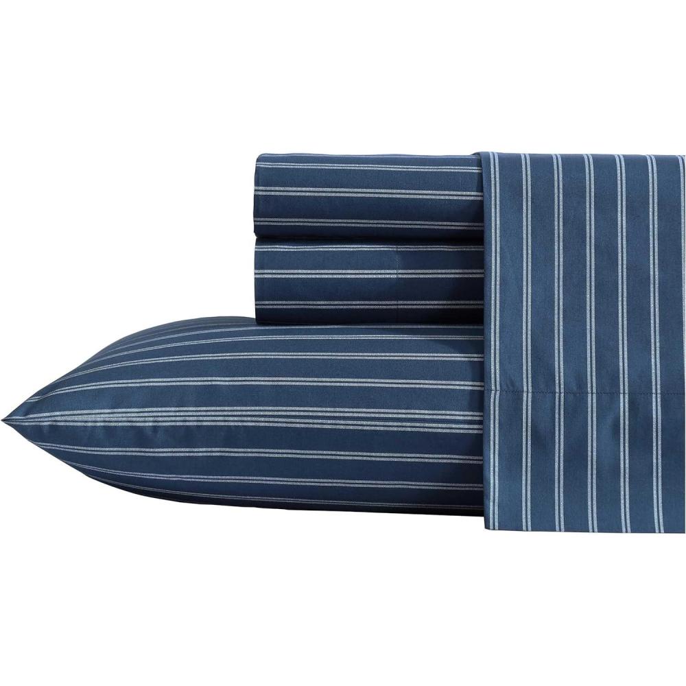 imageNautica Twin Sheet Set Cotton Percale Bedding Set Crisp amp Cool Lightweight amp Breathable Brenton Stripe Navy Blue TwinRichmond Stripe