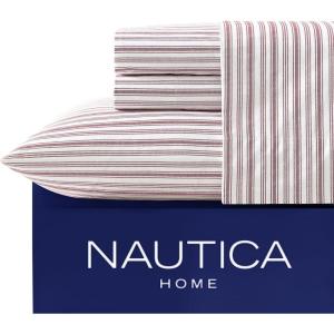 Nautica – Twin Sheet Set, Cotton Percale Bedding Set, Crisp & Cool, Lightweight & Breathable (Brenton Stripe Navy Blue, Twin)(Coleridge Stripe Red)