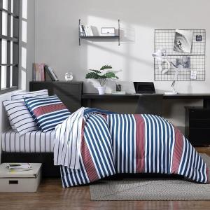 Nautica – Twin/Twin XL Comforter Set, Soft Brushed Bedding with a Relaxed Feel for Year-Round Use, 2 Piece Bed Set with Matching Pillowcase (Heathered Block Grey)(Kennedy Stripe Navy)