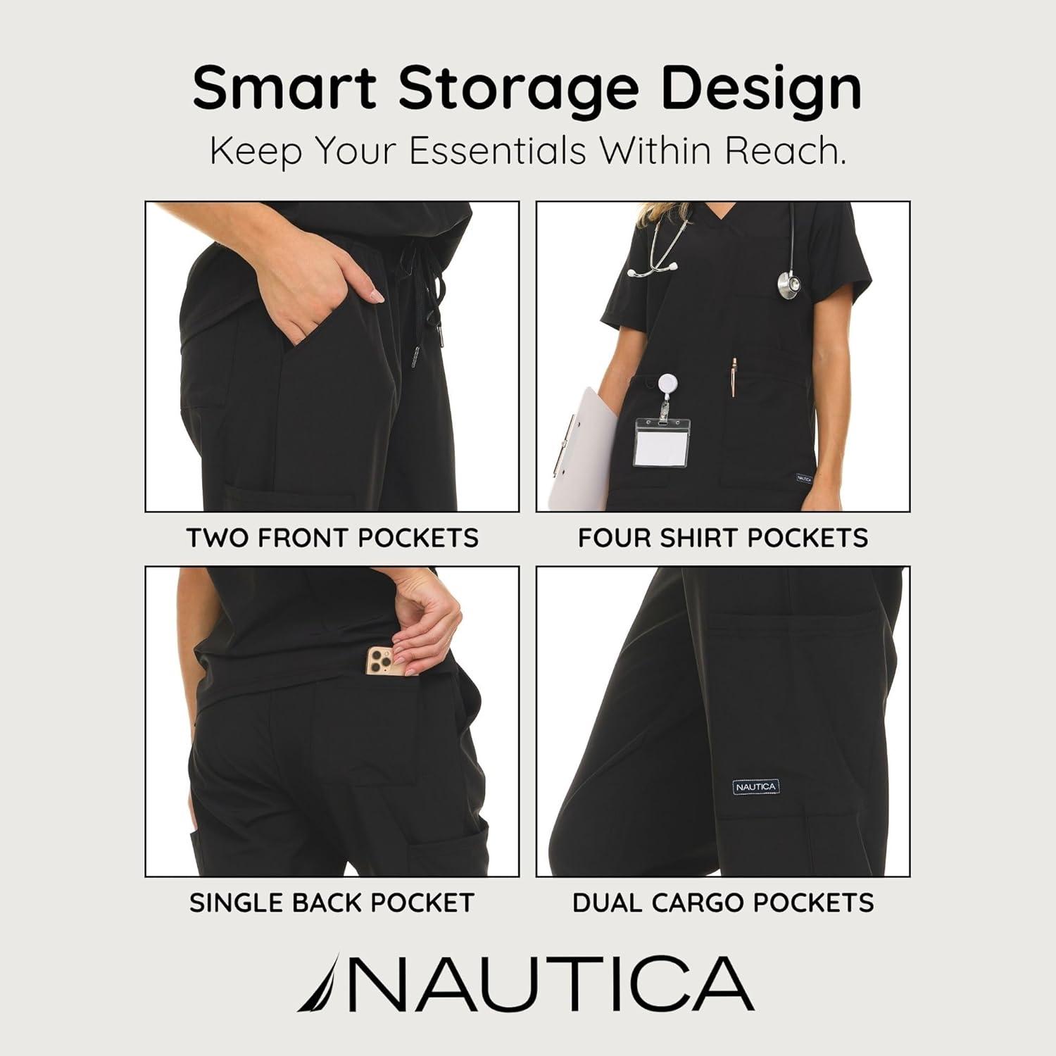 imageNautica Womens Scrub Set 9Pocket Breathable amp Stretchy Pants amp TopsBlack