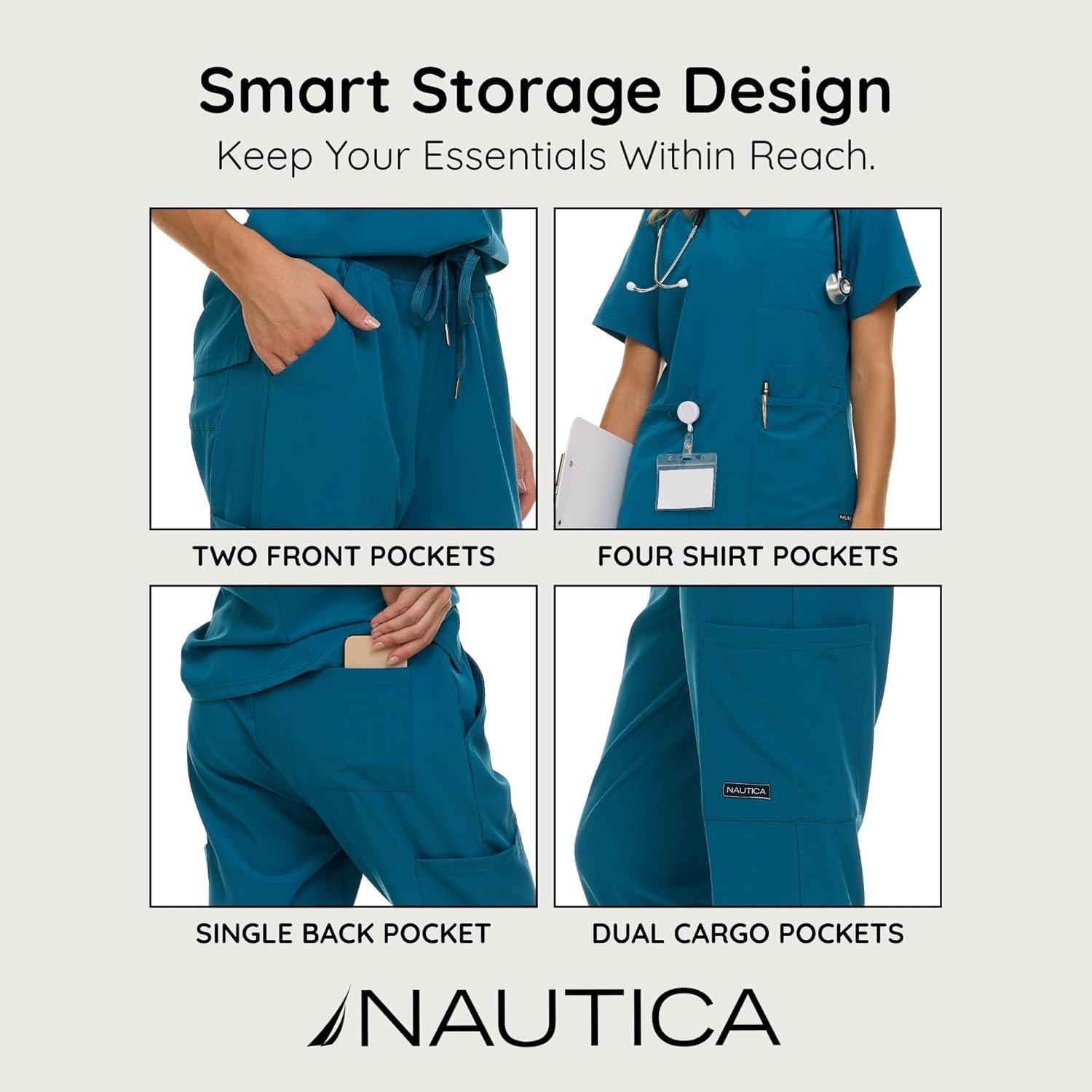 imageNautica Womens Scrub Set 9Pocket Breathable amp Stretchy Pants amp TopsCarribean
