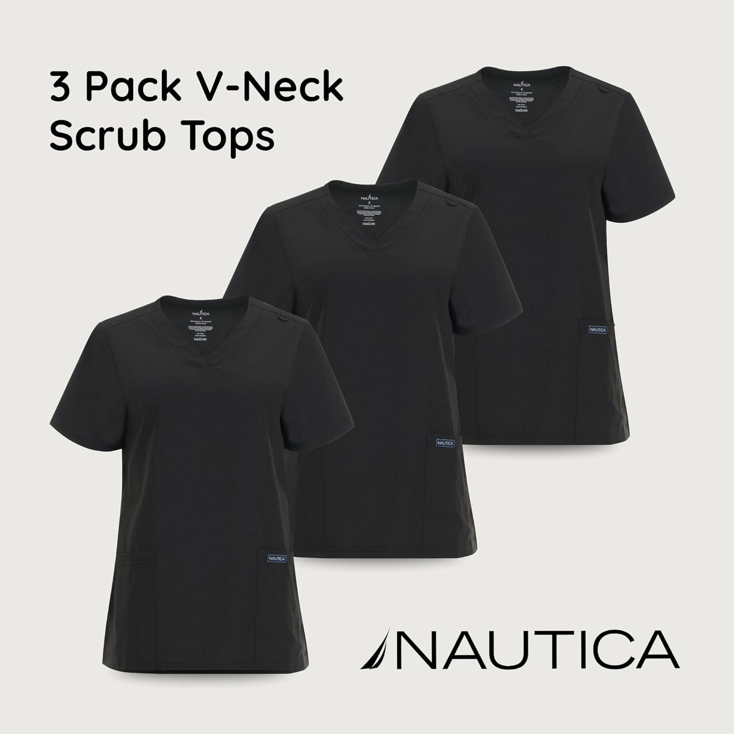 imageNautica Womens Scrubs Tops 3 Pack VNeck Breathable Scrub Tops Women 3 Pocket Stretch Fabric Scrubs for Women3 Pack BlkBlkBlk