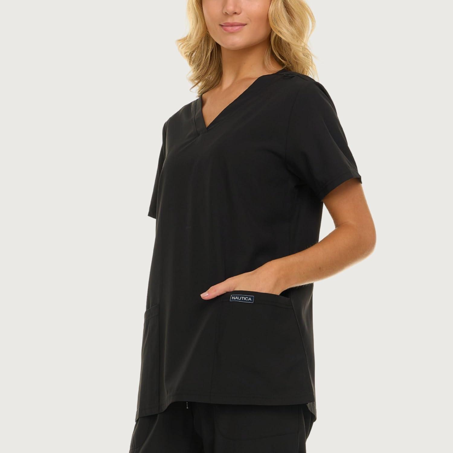 imageNautica Womens Scrubs Tops 3 Pack VNeck Breathable Scrub Tops Women 3 Pocket Stretch Fabric Scrubs for Women3 Pack BlkChrFus