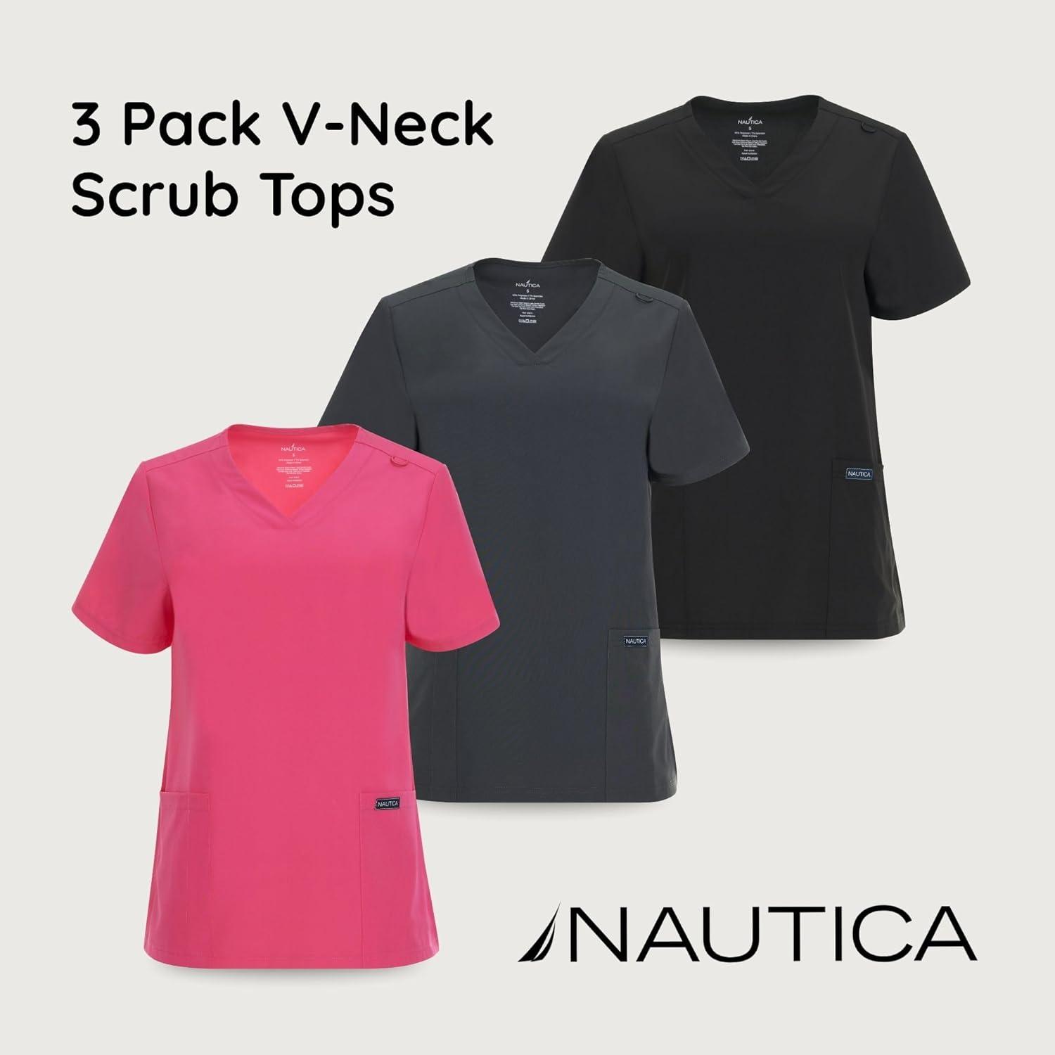 imageNautica Womens Scrubs Tops 3 Pack VNeck Breathable Scrub Tops Women 3 Pocket Stretch Fabric Scrubs for Women3 Pack BlkChrFus