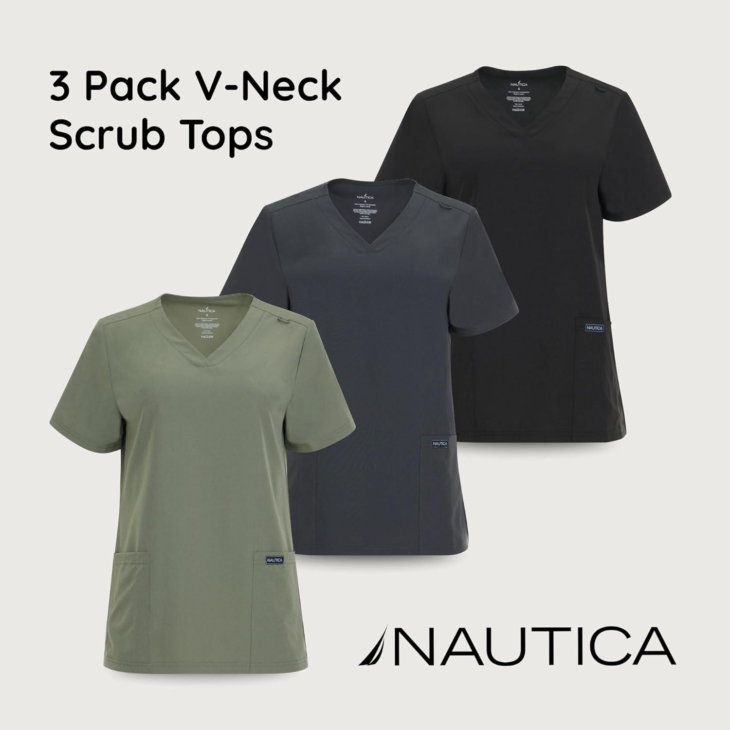 imageNautica Womens Scrubs Tops 3 Pack VNeck Breathable Scrub Tops Women 3 Pocket Stretch Fabric Scrubs for Women3 Pack BlkChrOlv
