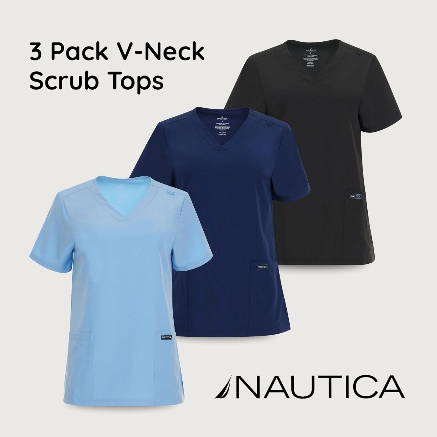 imageNautica Womens Scrubs Tops 3 Pack VNeck Breathable Scrub Tops Women 3 Pocket Stretch Fabric Scrubs for Women3 Pack BlkNvyCeil