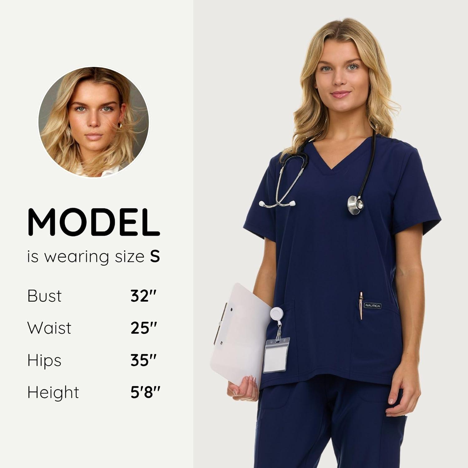 imageNautica Womens Scrubs Tops 3 Pack VNeck Breathable Scrub Tops Women 3 Pocket Stretch Fabric Scrubs for Women3 Pack BlkNvyCeil