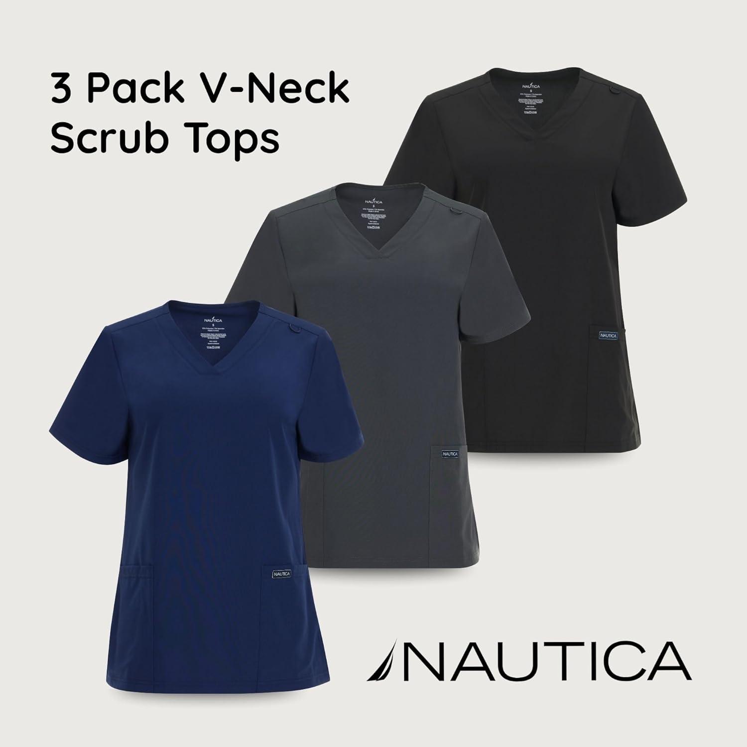 imageNautica Womens Scrubs Tops 3 Pack VNeck Breathable Scrub Tops Women 3 Pocket Stretch Fabric Scrubs for Women3 Pack BlkNvyChr